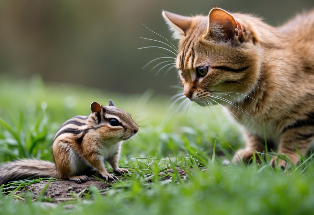 A chipmunk with a small bite wound on its side sits on grass while a cat watches nearby.