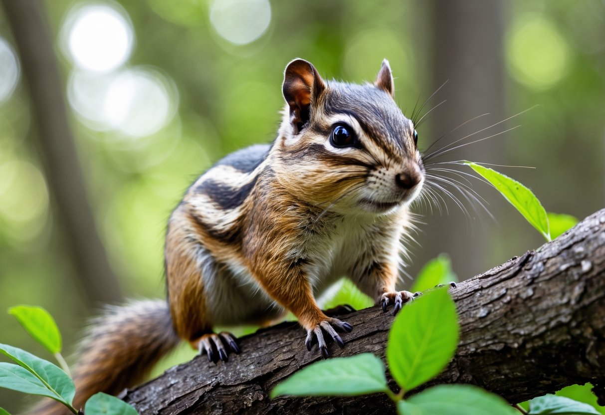 A chipmunk sitting alertly on a tree branch surrounded by green leaves in a forest.