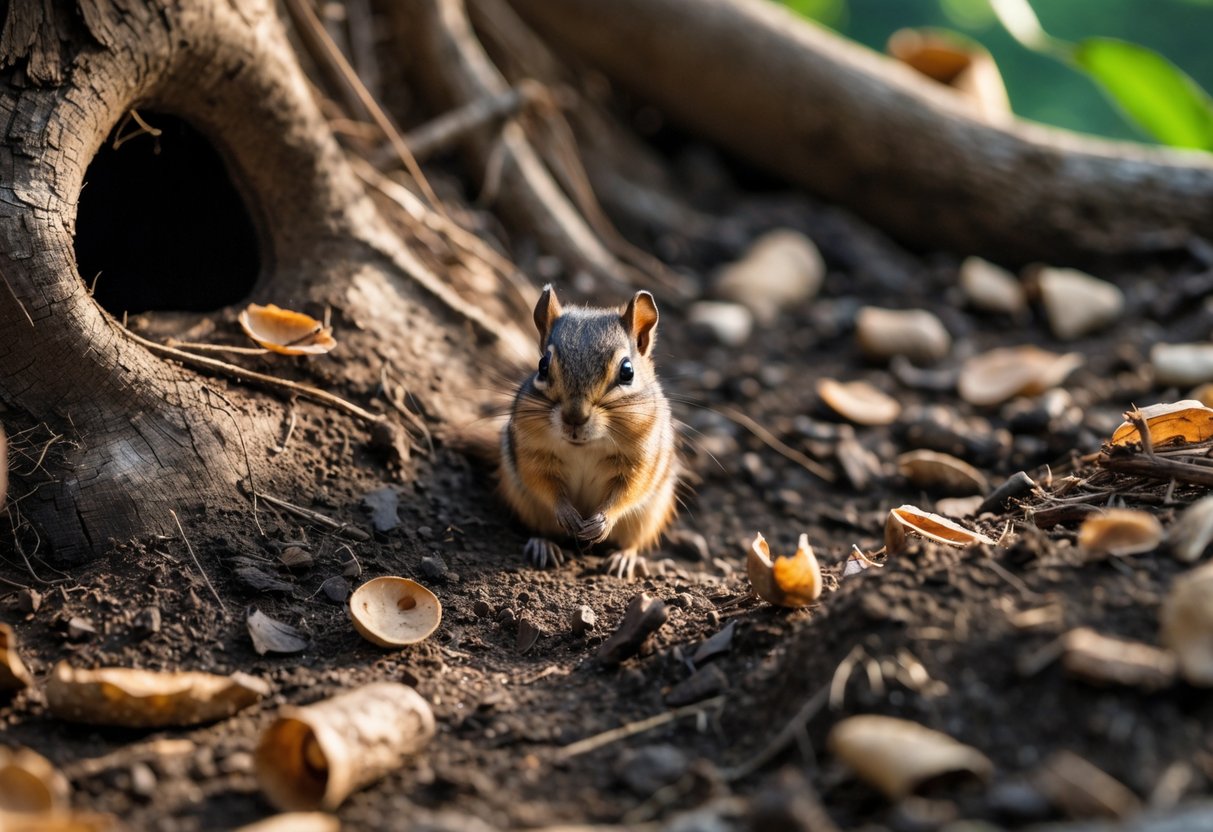 Outdoor scene showing a forest floor with wood chips, seed shells, small burrow entrances, chipmunk footprints, and a chipmunk near a tree root.