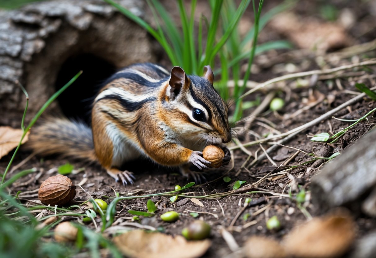 A chipmunk foraging on the ground near leaves and a small burrow entrance in a natural outdoor setting.