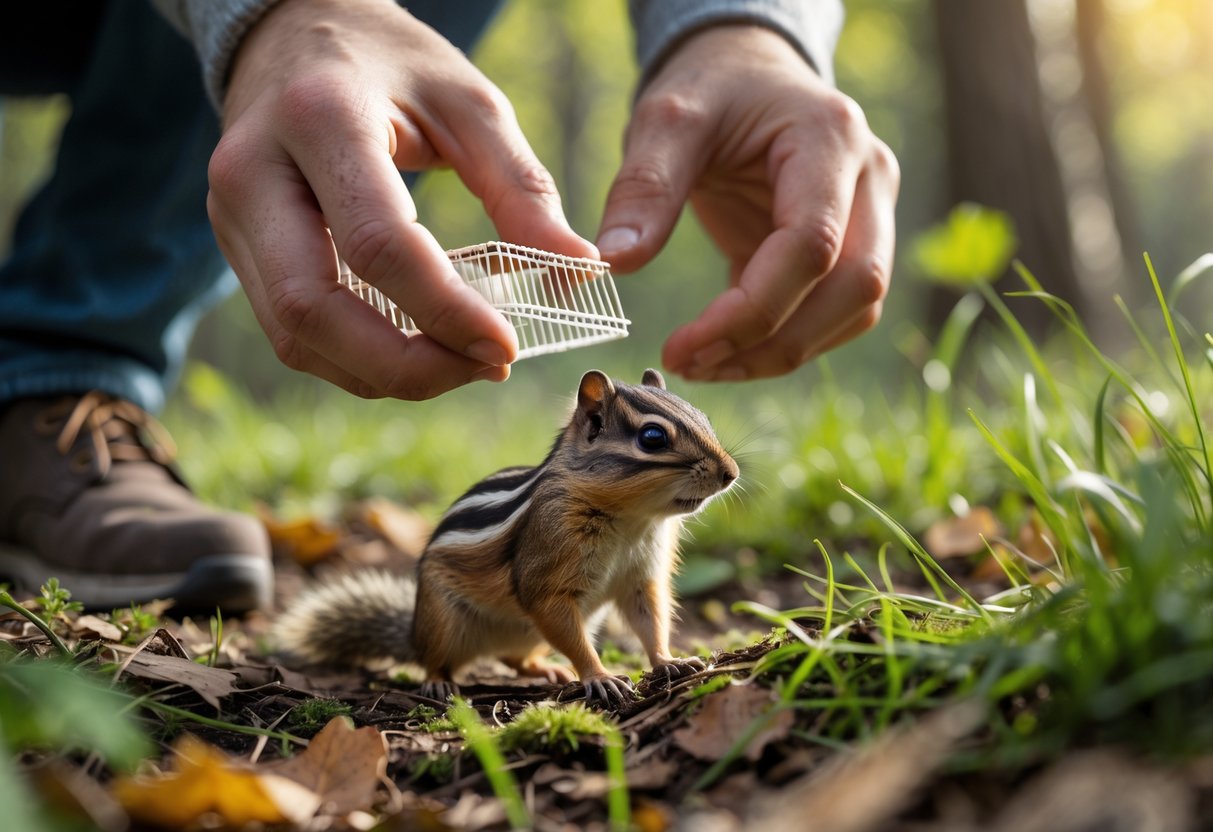 A chipmunk being gently released from a small container into a natural outdoor area with grass and leaves.