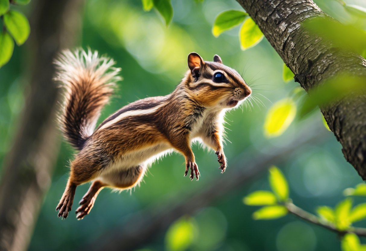 A chipmunk jumping between tree branches in a green forest.