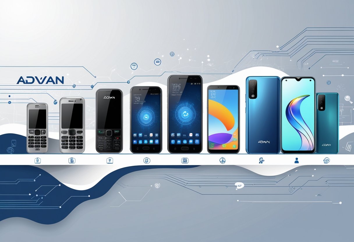 Ilustrasi yang menunjukkan perkembangan dan asal usul merek handphone ADVAN dengan berbagai model ponsel dari masa lalu hingga sekarang, serta latar belakang yang menggambarkan teknologi dan unsur budaya Indonesia.