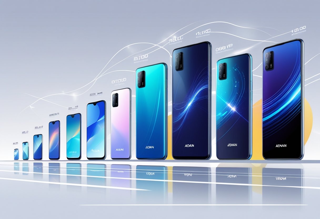 Ilustrasi berbagai model handphone ADVAN yang tersusun dalam urutan waktu, menampilkan perkembangan dan inovasi produk dari merek ADVAN.