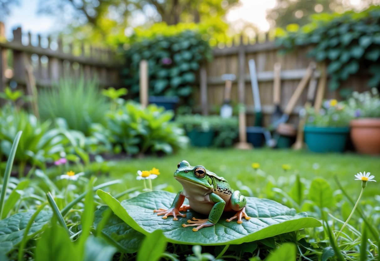 A small green frog sitting on a leaf in a UK garden with grass, plants, and a wooden fence in the background.