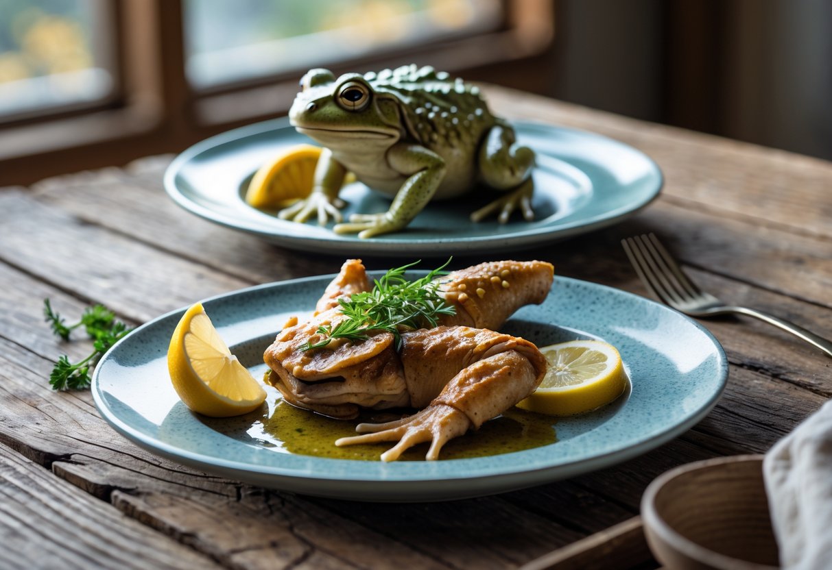 Two plates on a wooden table, one with cooked frog legs garnished with herbs and lemon, the other with a ceramic toad figurine.