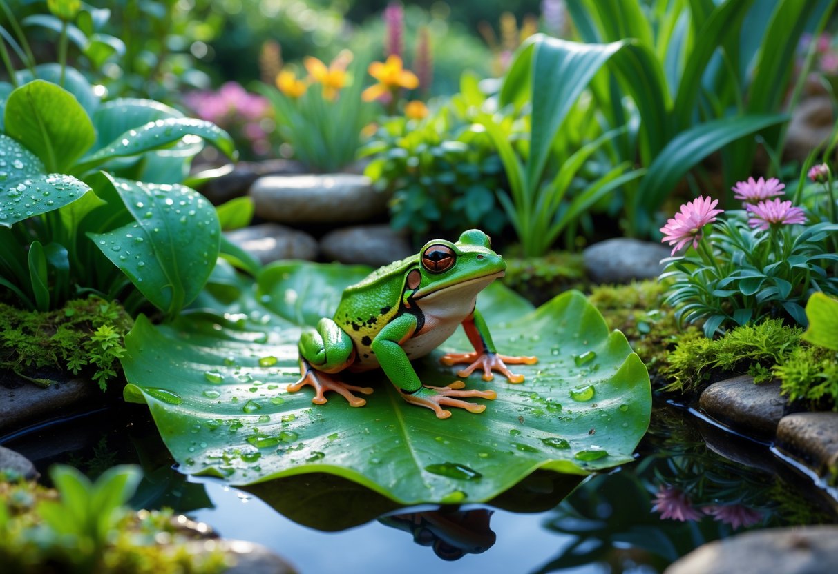 A green frog sitting on a leaf near a small pond surrounded by plants and flowers in a garden.