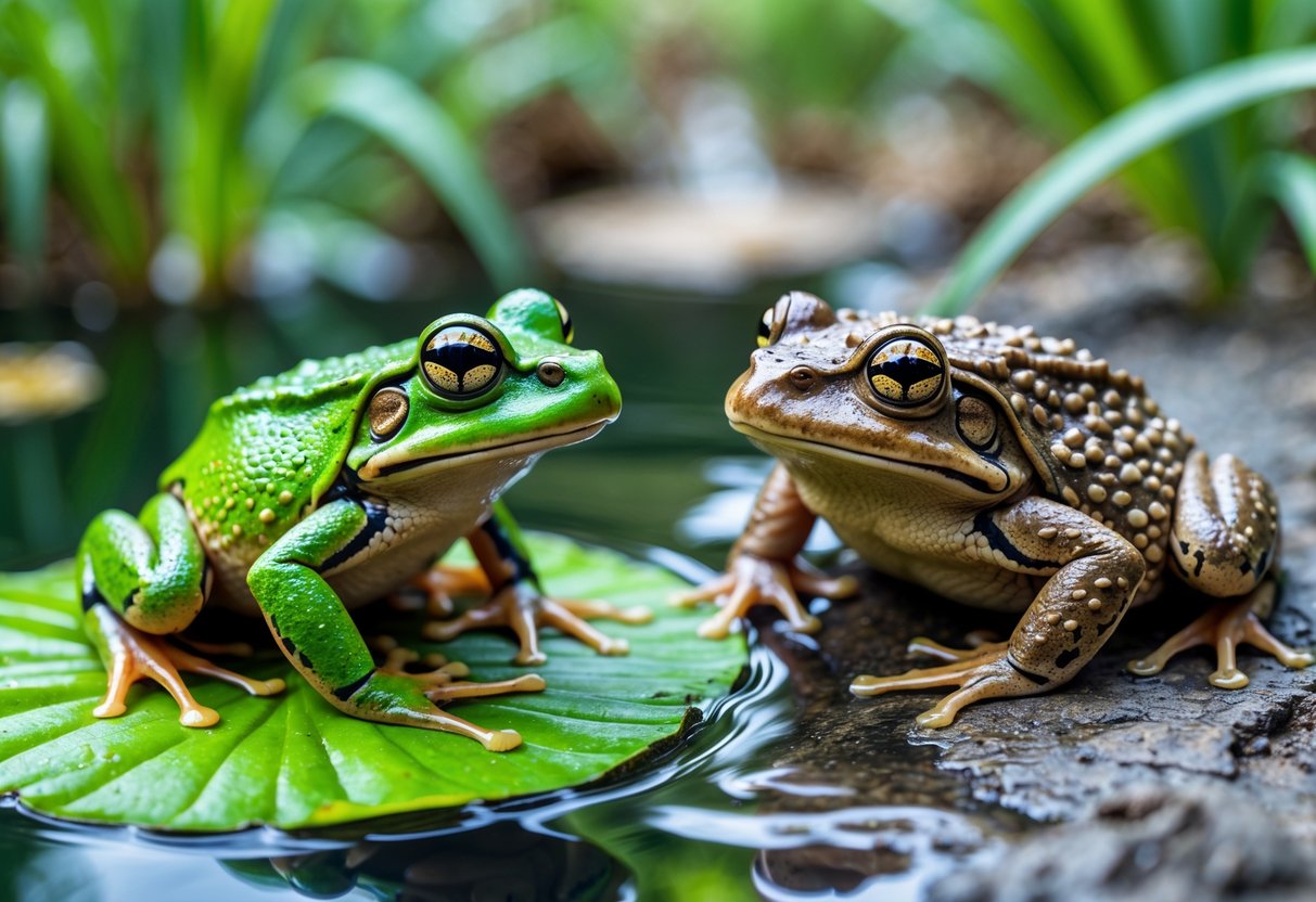 A close-up of a green frog on a lily pad next to a brown toad on the ground, showing their different skin textures and colors.