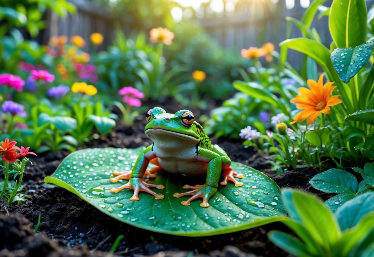 A green frog sitting on a leaf surrounded by plants and flowers in a garden.