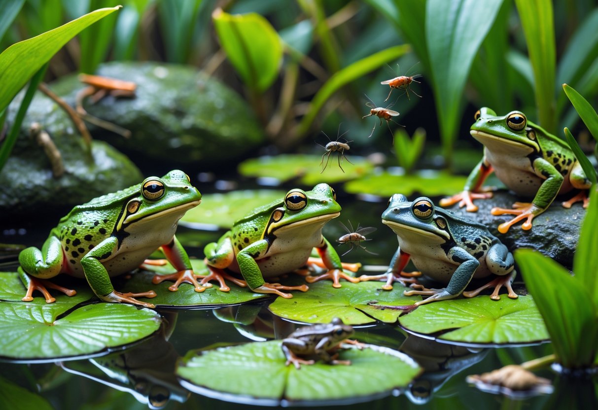 Various frogs and toads in a wetland setting surrounded by plants and insects, with a small bird or snake nearby.