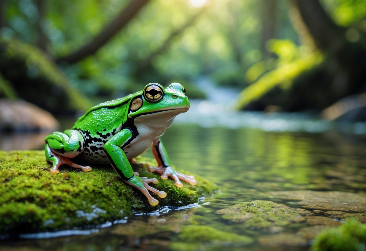 A green frog sitting on a mossy rock by a clear stream in a forest.