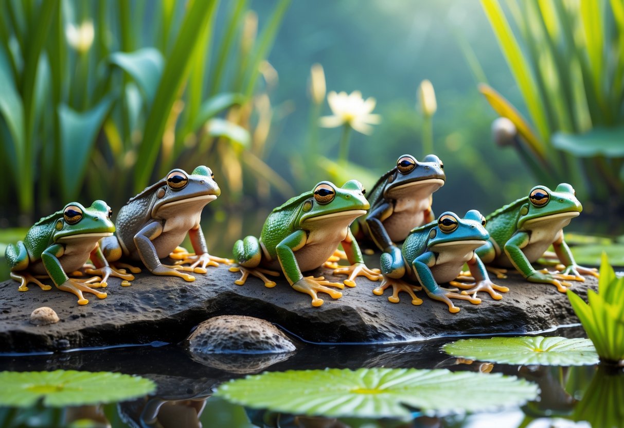 Several different species of frogs sitting on leaves and rocks near a pond in a green wetland environment.