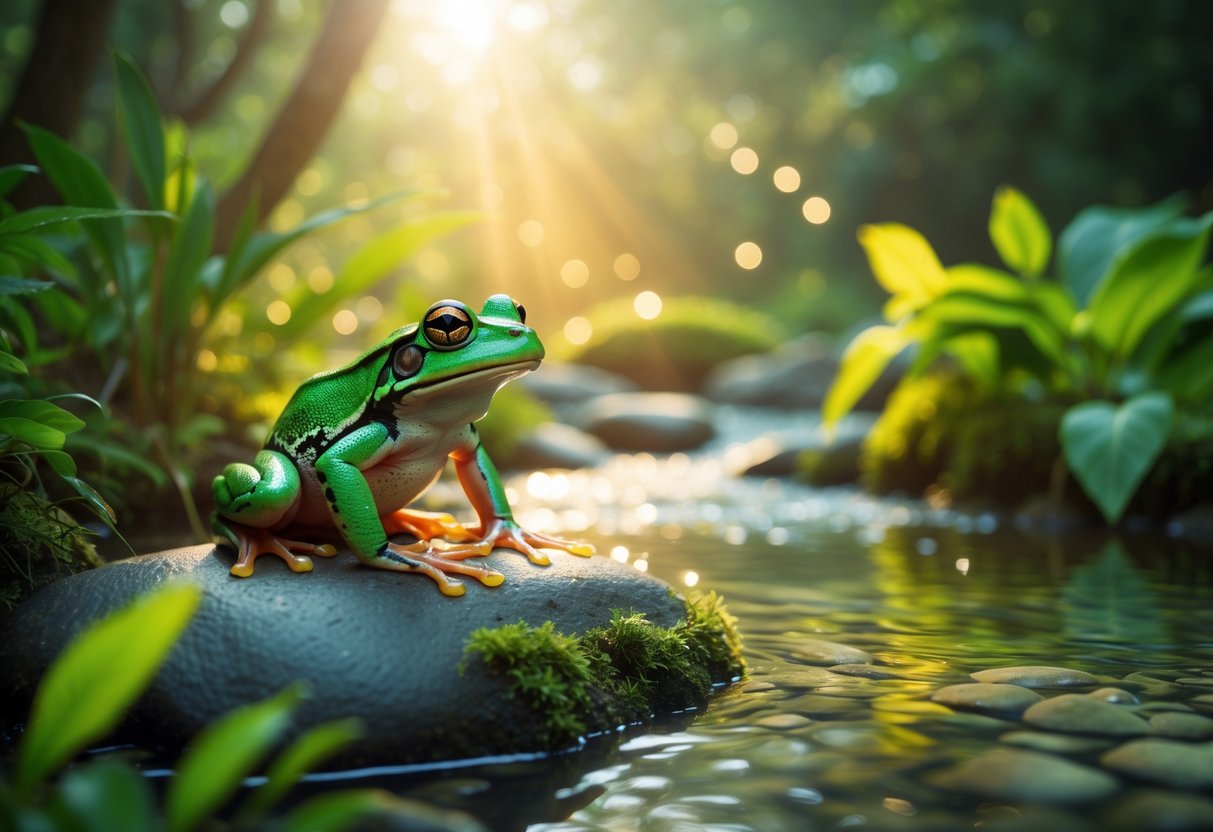 A green frog sitting on a mossy rock by a clear stream in a forest with soft sunlight filtering through the trees.