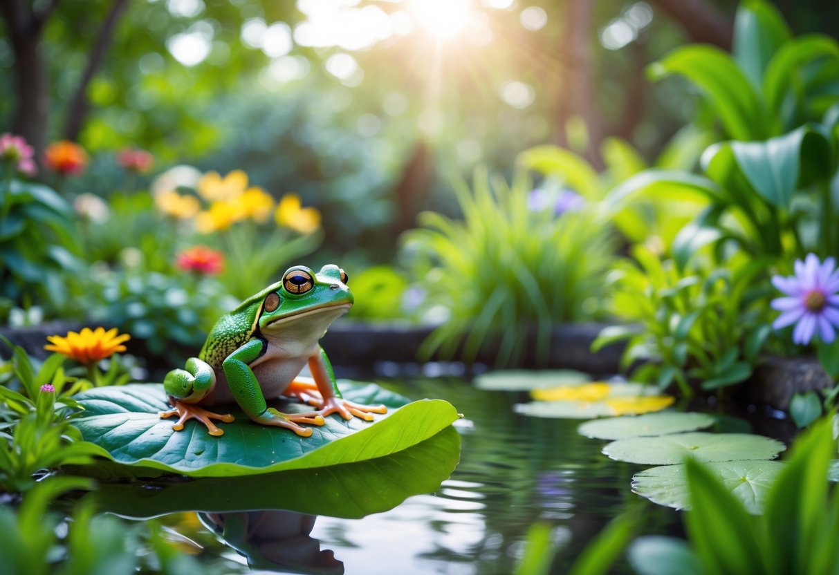 A green frog sitting on a leaf in a garden with colorful flowers and a small pond in the background.