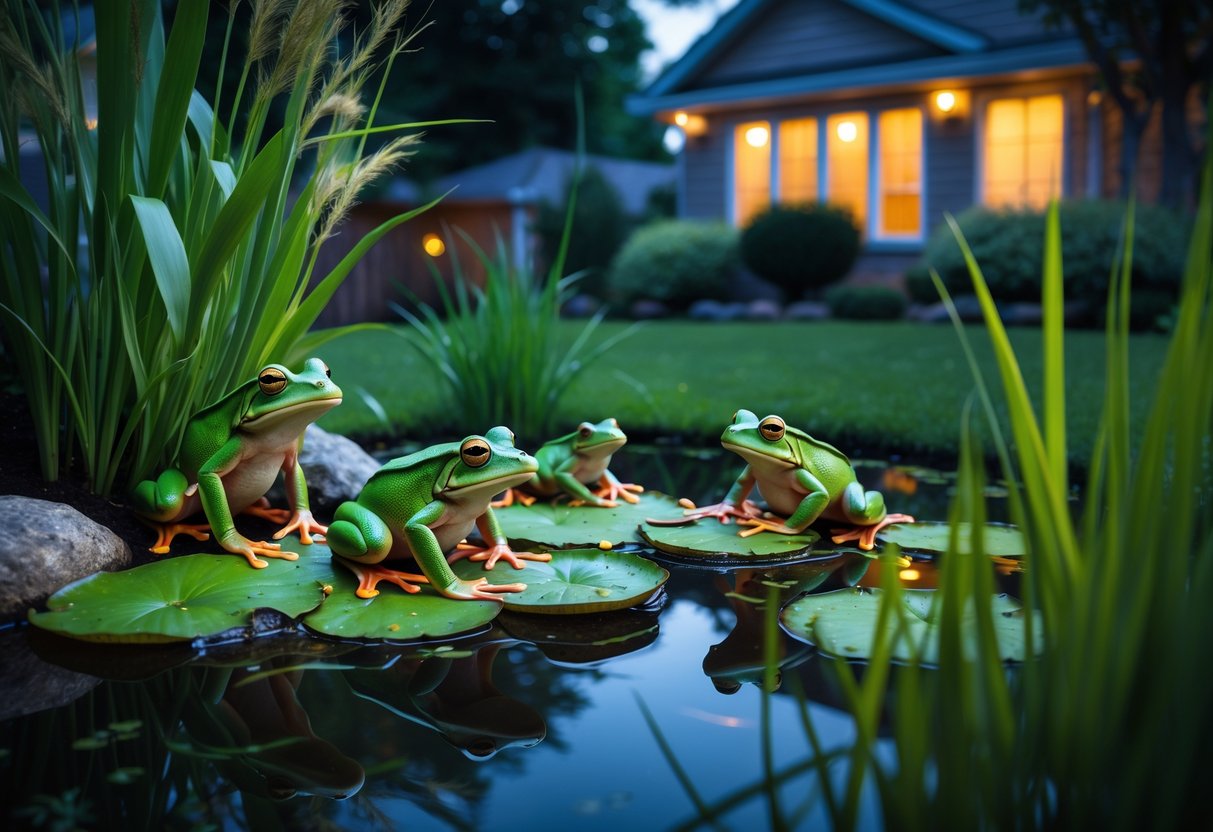 A backyard pond with green frogs sitting on lily pads near a house at dusk.
