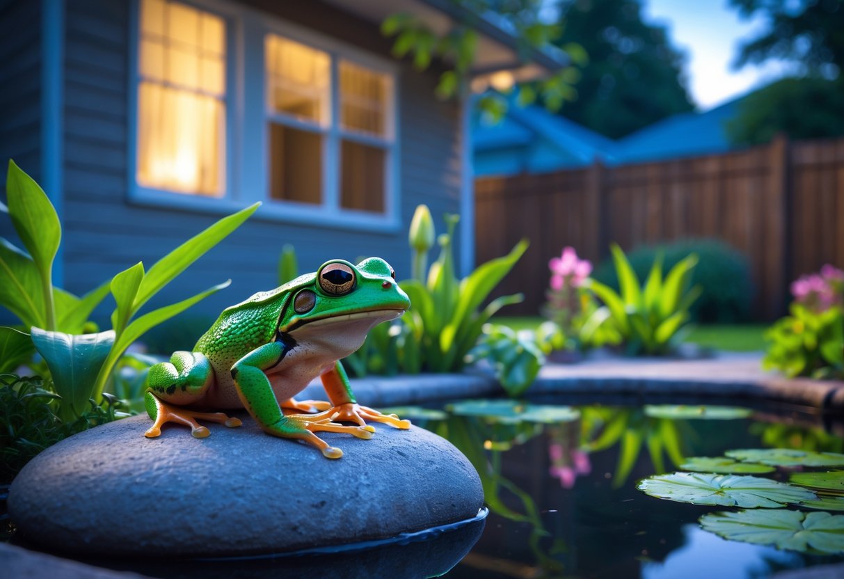 A green frog sitting on a rock near a small pond in a backyard with plants and a house visible in the background.