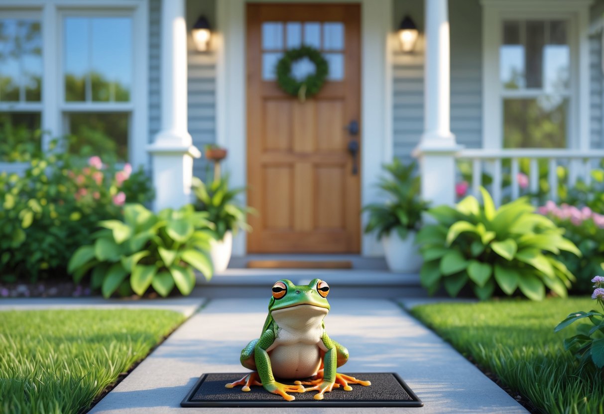 A green frog sitting on the doorstep of a suburban house surrounded by plants and flowers.
