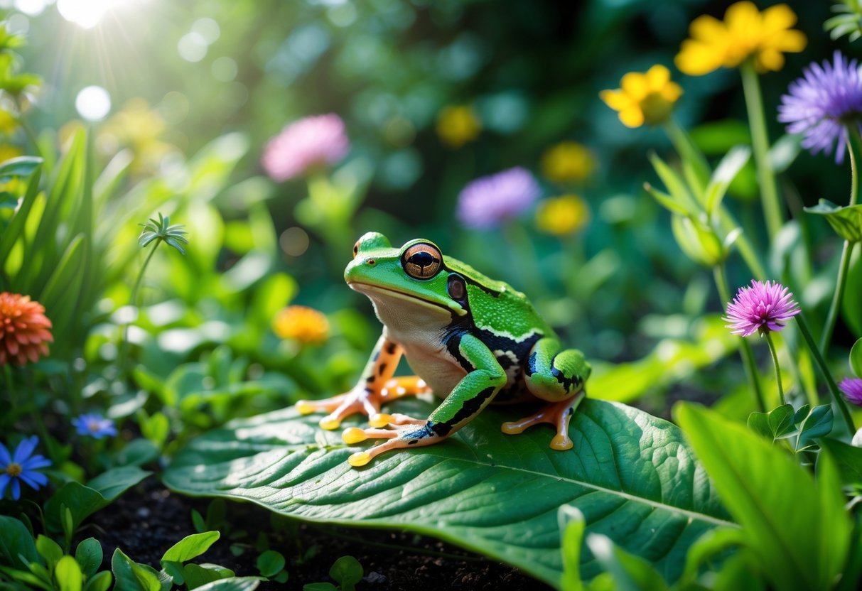 A small green frog sitting on a leaf in a garden with colorful flowers and greenery around it.