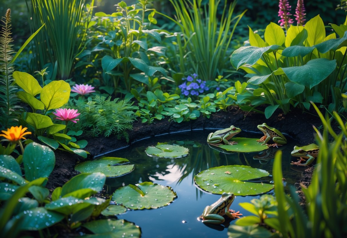 A garden pond surrounded by plants and flowers with several frogs near the water and on lily pads.