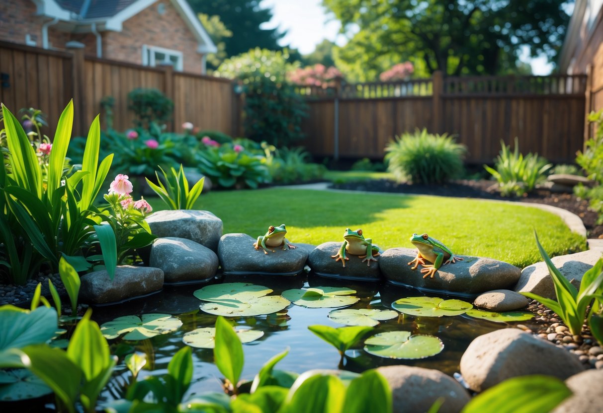 A garden pond with green frogs sitting on rocks and lily pads surrounded by plants near a house.