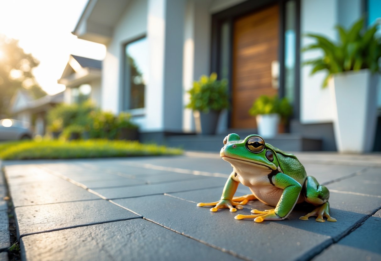 A small green frog sitting on the doorstep of a modern suburban house during the day.