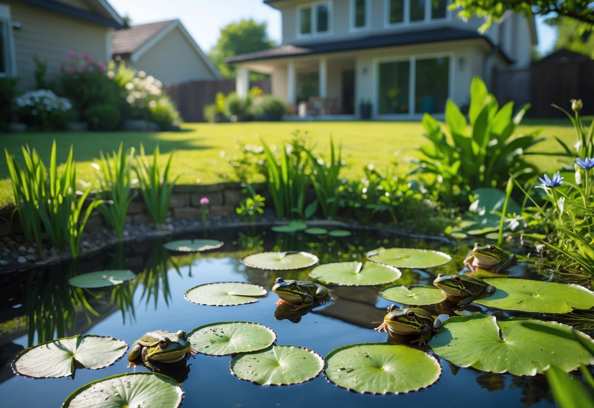 A backyard garden with a pond where frogs sit on lily pads near a modern house surrounded by green plants and grass.