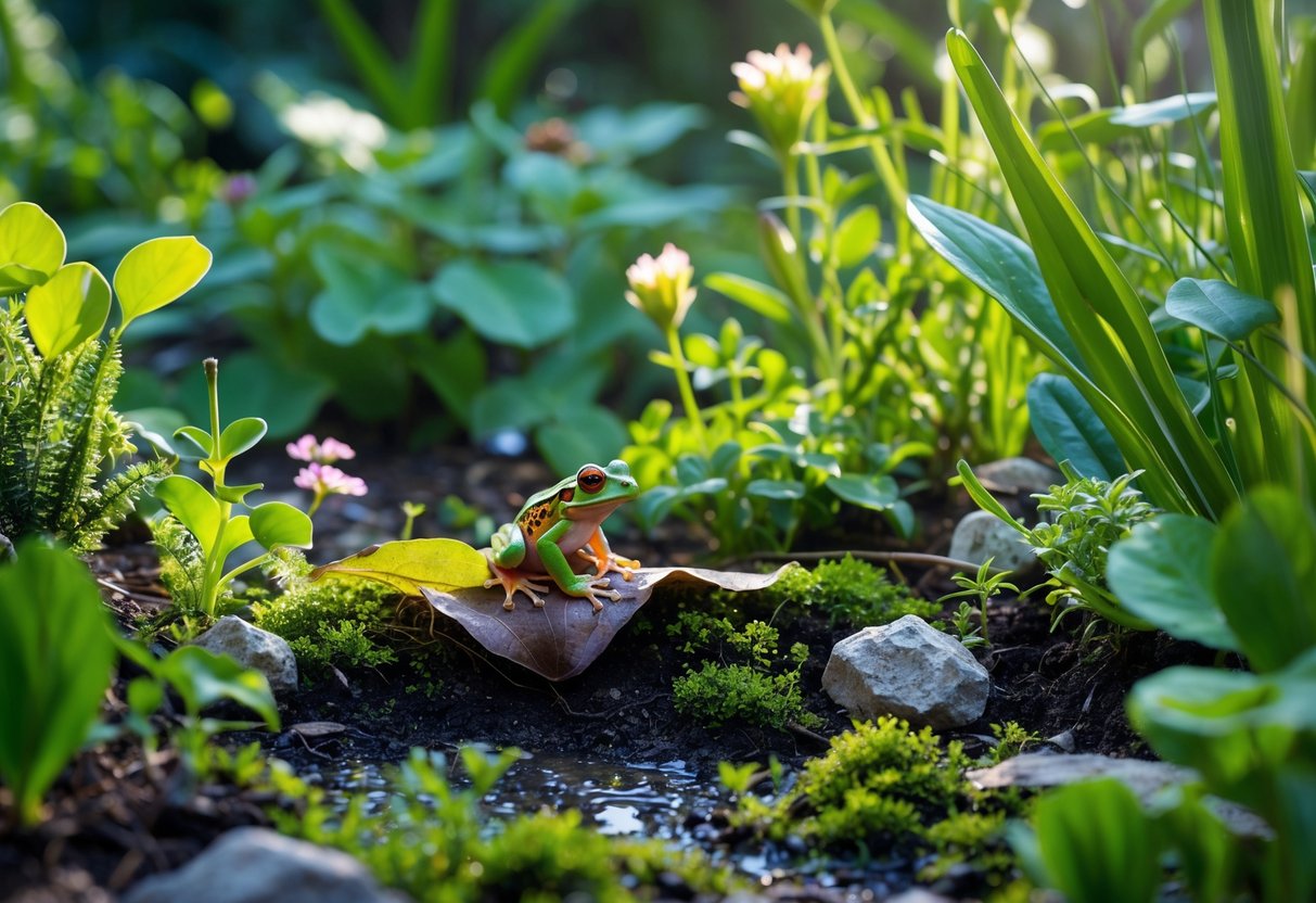 A small frog sitting on a leaf in a green garden with plants and moist soil but no pond visible.