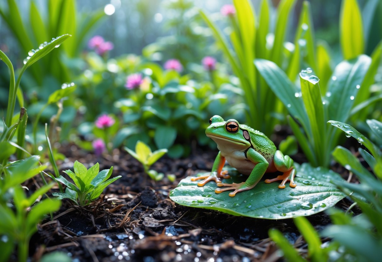 A green frog sitting on a leaf in a garden filled with plants and flowers, with no pond visible.