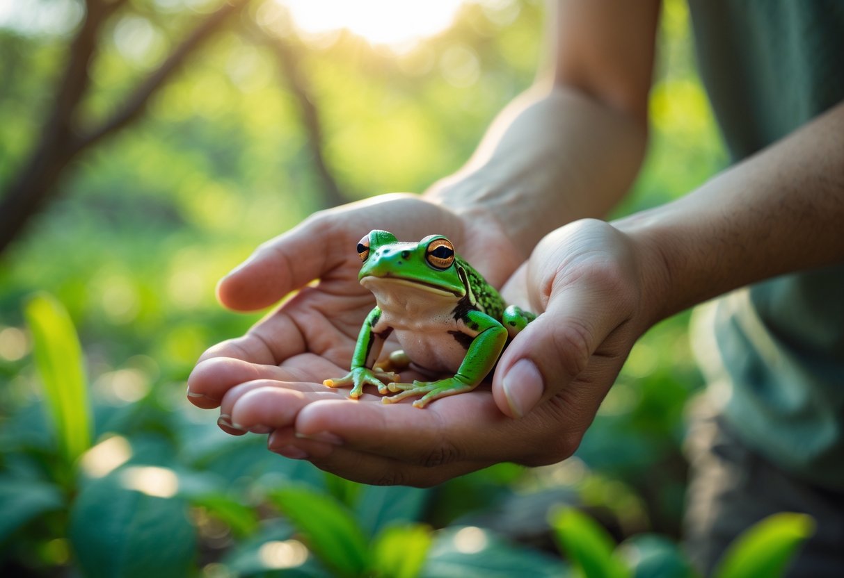 A person gently holding a small green frog in their hands outdoors surrounded by greenery.