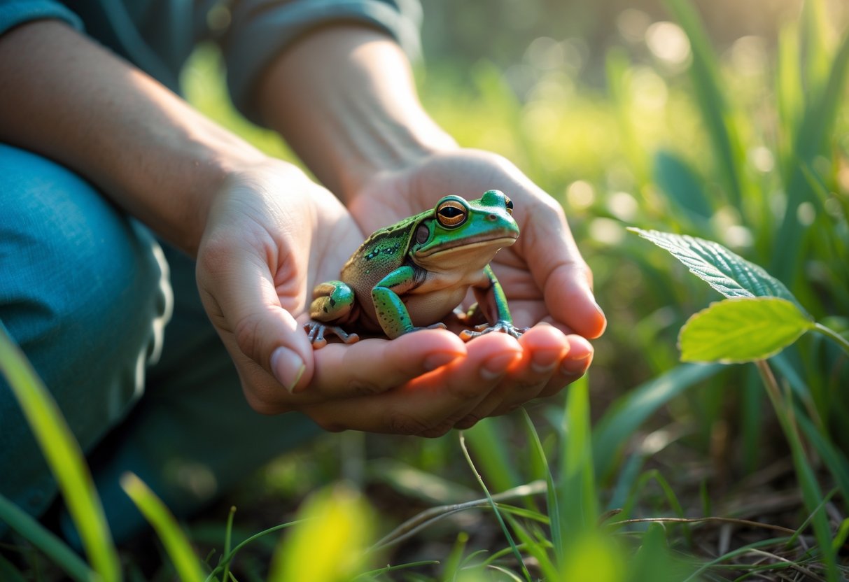 A person gently holding a small green frog in their hands outdoors surrounded by grass and leaves.