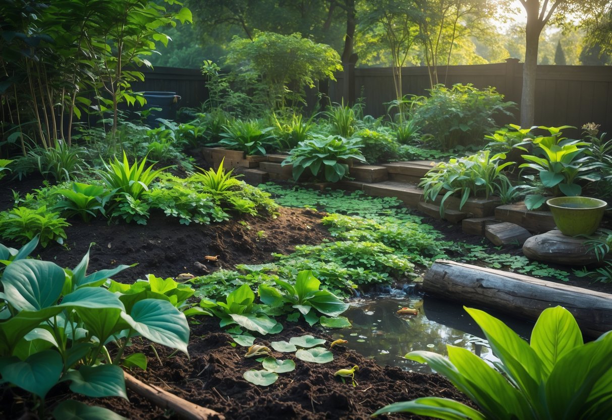 A lush garden with dense plants, rocks, logs, and small frogs resting on leaves and near moist soil, creating a frog-friendly habitat without a pond.