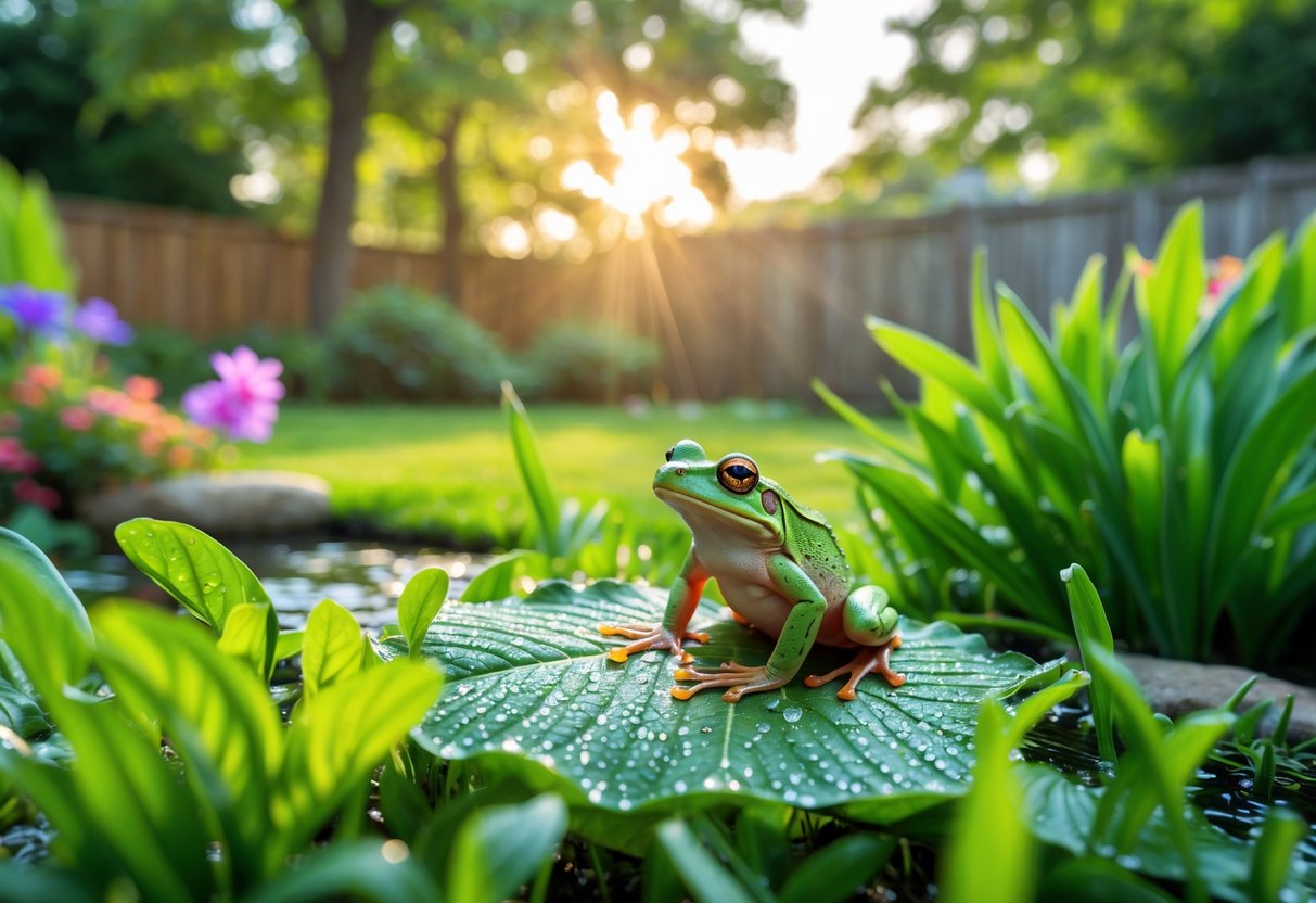 A green frog sitting on a leaf near a garden pond in a backyard with plants, flowers, and a wooden fence in the background.