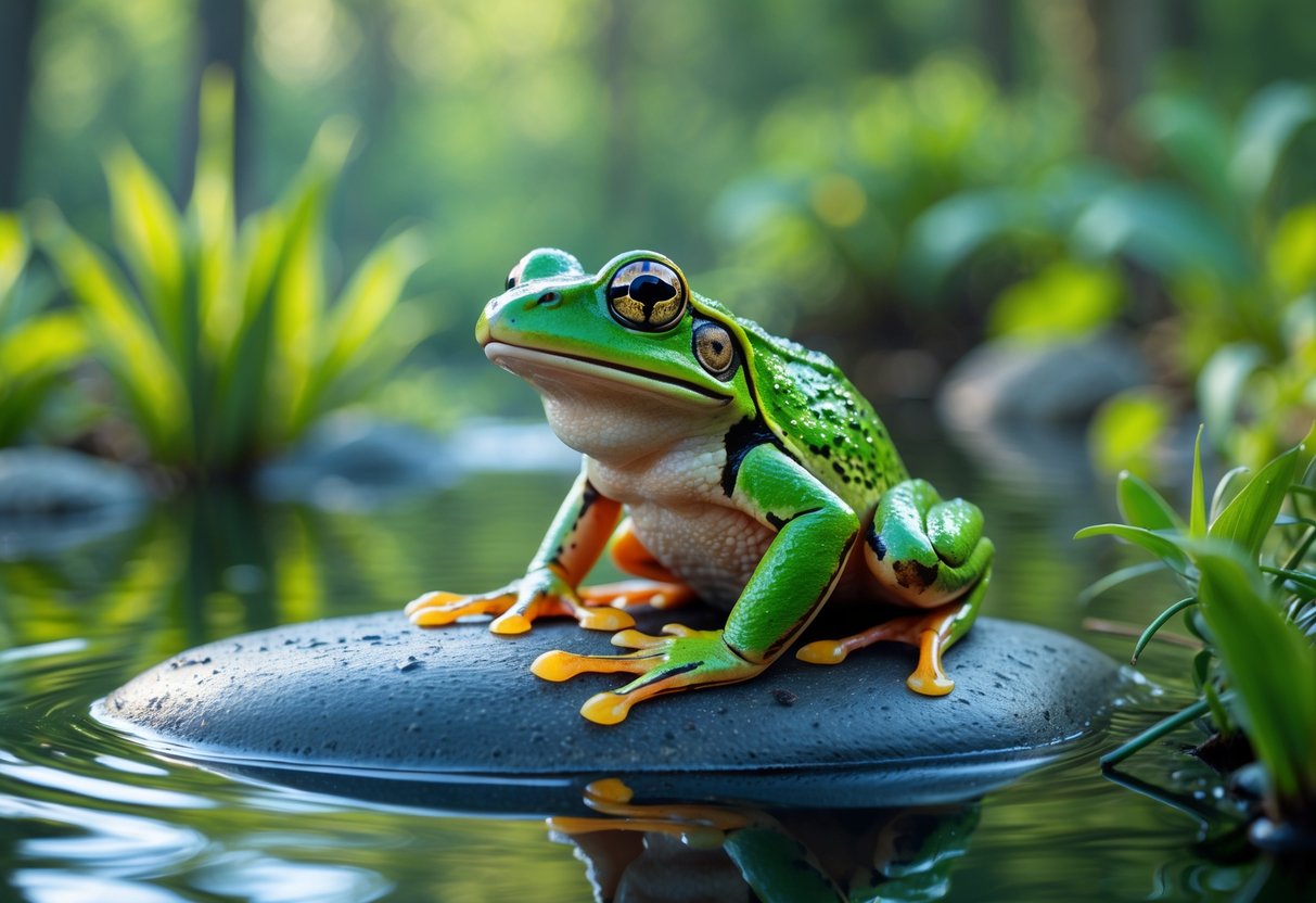 A green frog sitting on a wet rock by a clear freshwater pond surrounded by green plants.