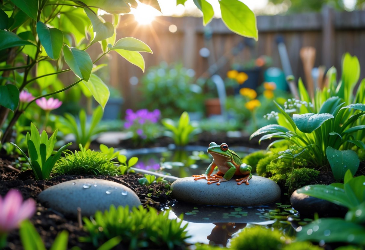 A small green frog sitting on a stone near a garden pond surrounded by flowers and plants.