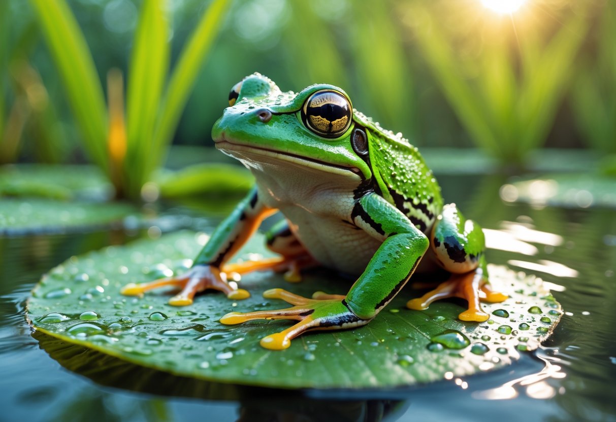 A green frog sitting on a wet leaf in a pond, wiping its face with its front leg.