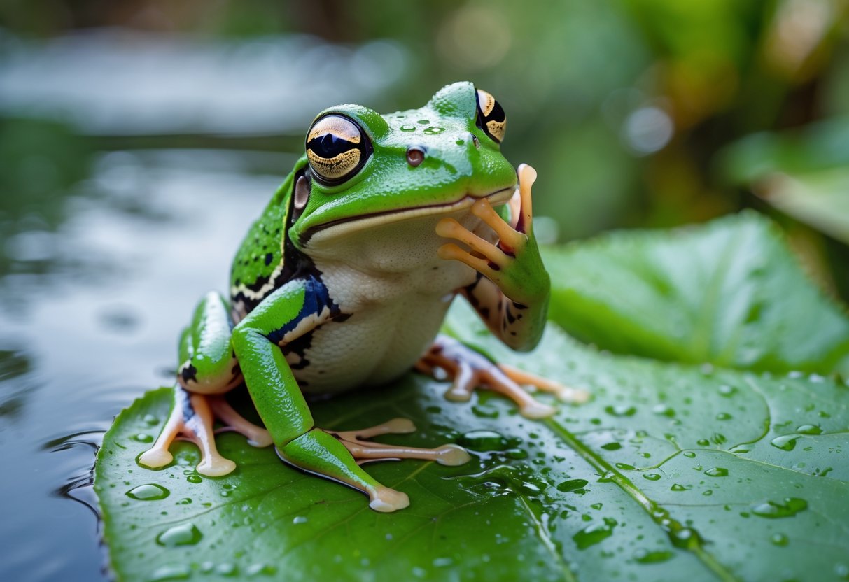 A green frog sitting on a wet leaf near a pond, wiping its face with its front leg.