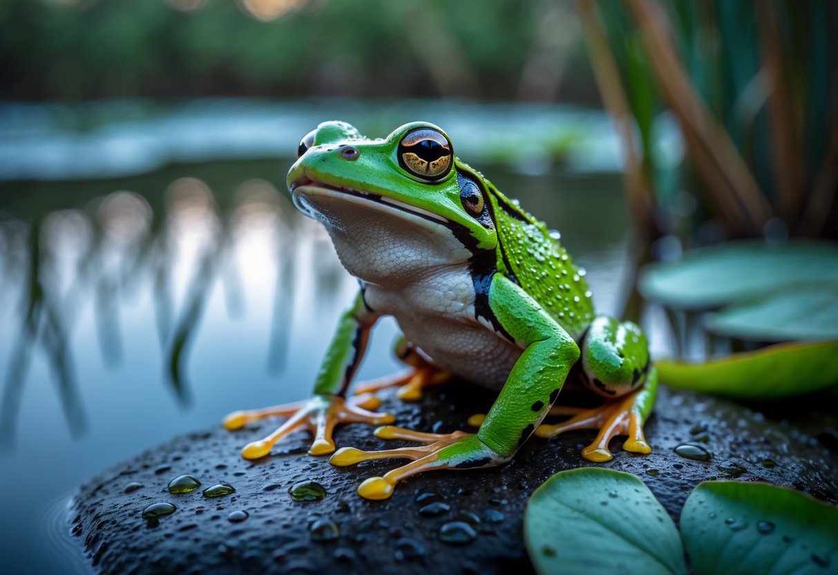 A green frog with its mouth open sitting on a mossy rock by a calm pond surrounded by reeds and lily pads.
