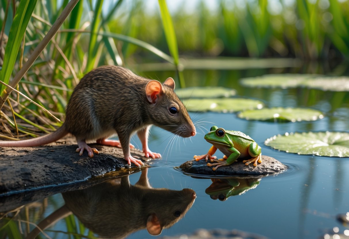 A brown rat near the edge of a pond looking at a small green frog resting on a rock.