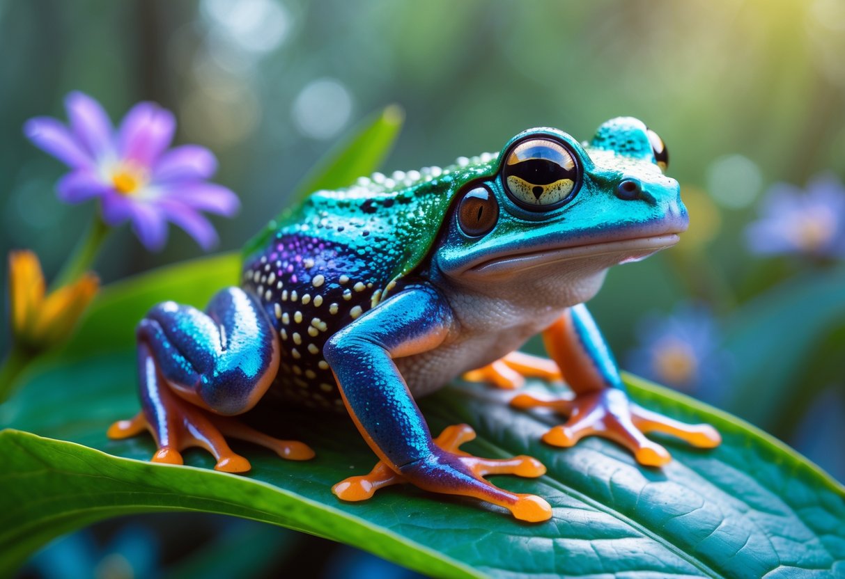 A close-up of a colorful frog sitting on a green leaf with a blurred natural forest background.