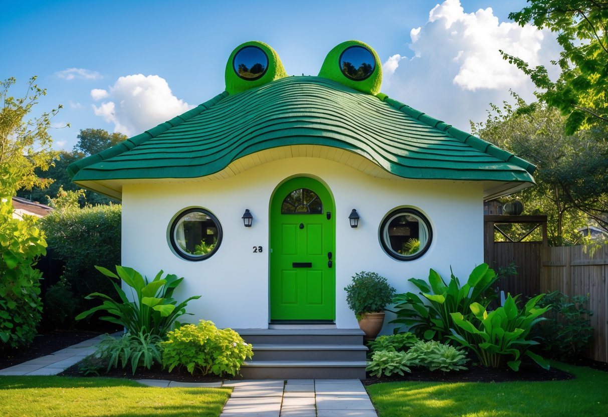 A small house with a green curved roof and rounded windows surrounded by a garden under a clear sky.