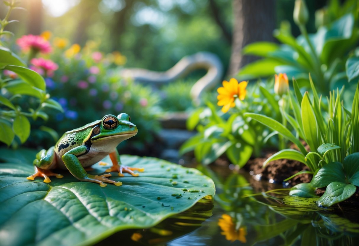 A small green frog on a leaf in a garden near a pond, looking towards a hidden snake or bird among plants.