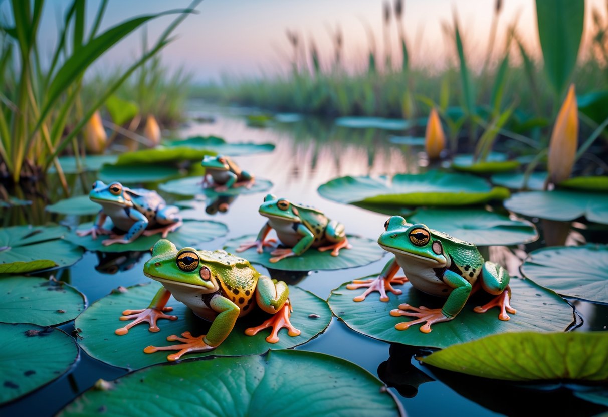 A wetland scene at dawn with colorful frogs on lily pads and reeds surrounded by plants showing signs of environmental change.