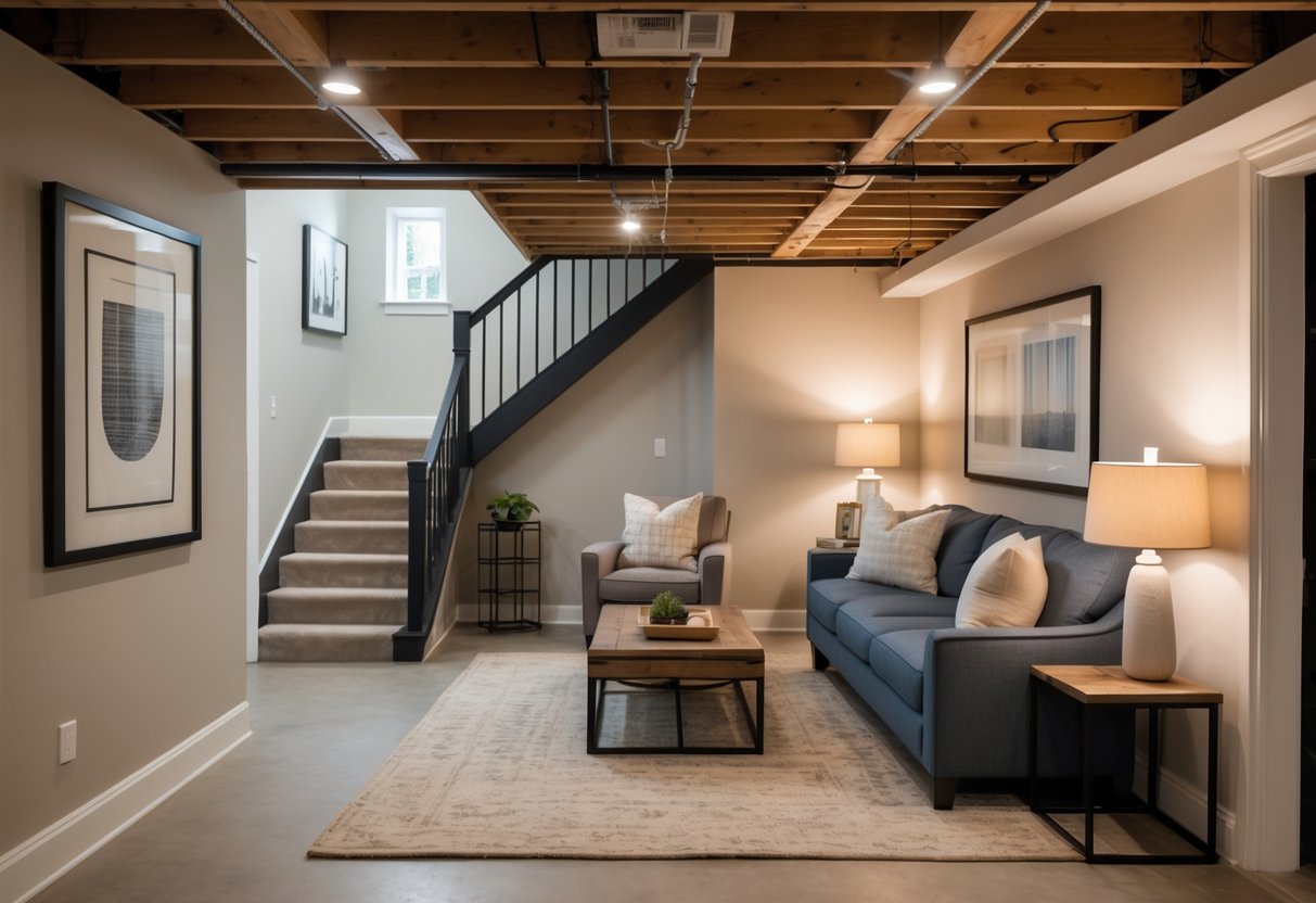 A finished basement room with comfortable furniture and soft lighting, showing a cozy living space in a house.