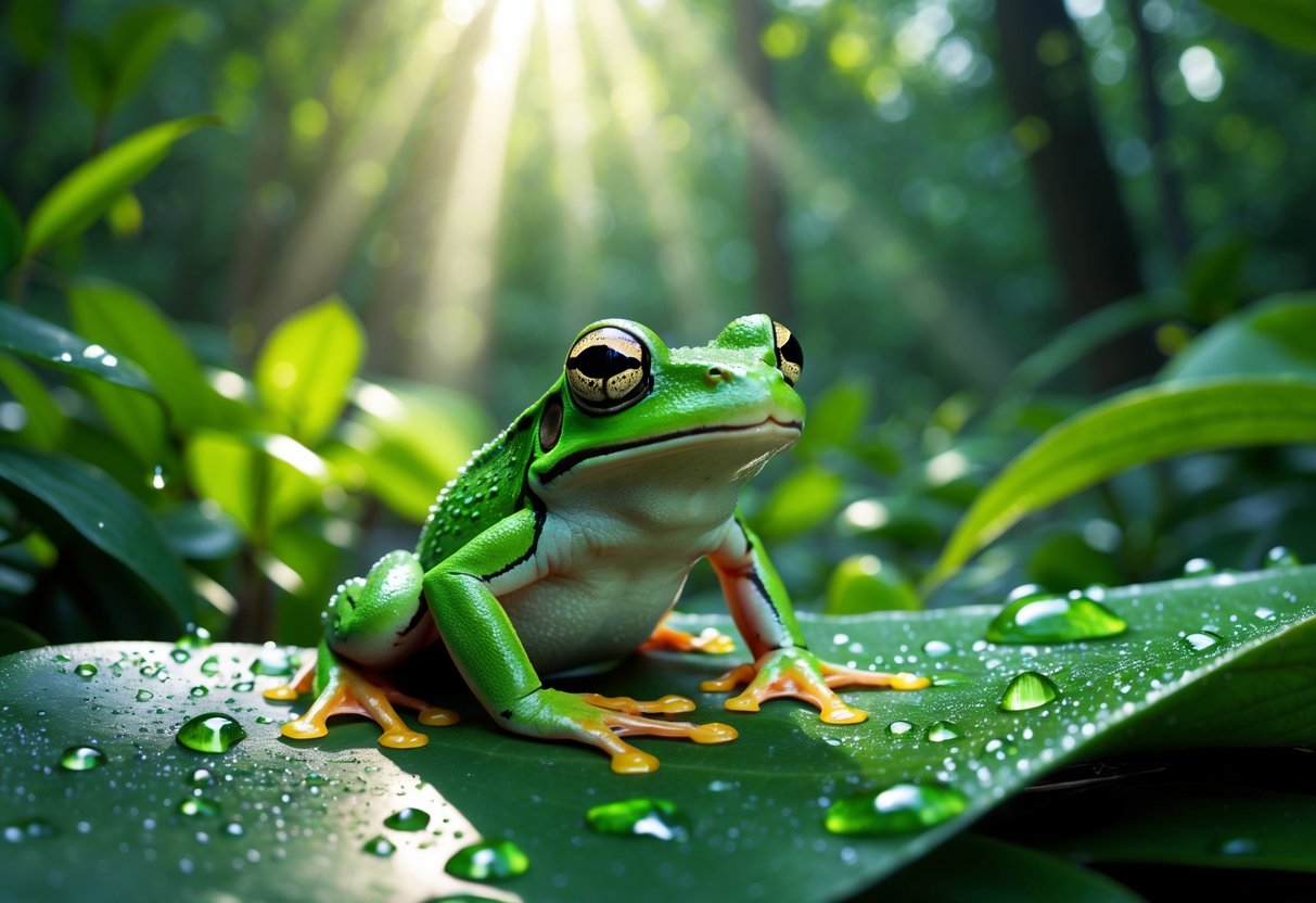 A green frog sitting on a wet leaf in a sunlit forest with dew drops around it.