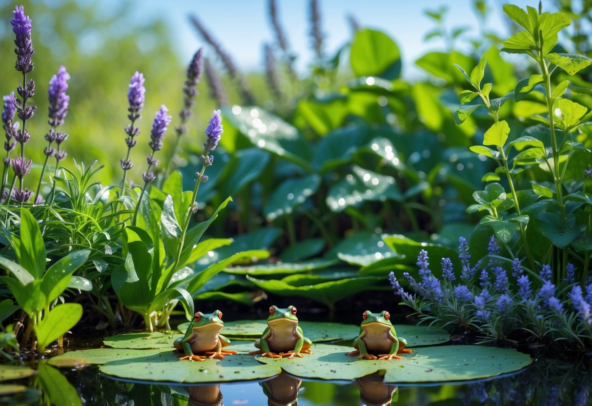 A pond with frogs on lily pads surrounded by lavender, rosemary, and mint plants.