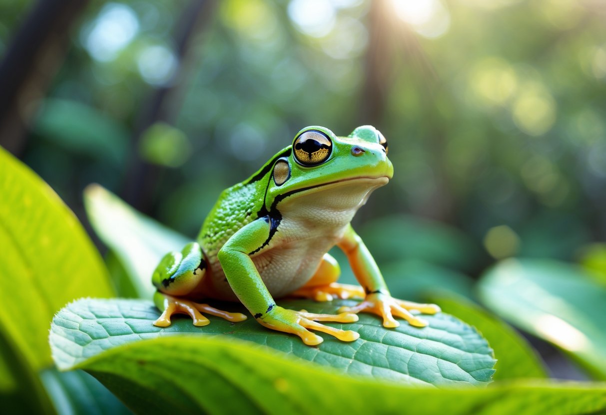 A green frog sitting on a leaf in a natural outdoor environment.