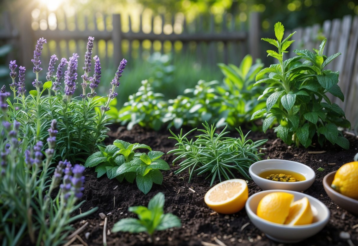 A garden bed with aromatic herbs like lavender, rosemary, and mint, alongside bowls of citrus peels and natural oils, surrounded by greenery and a wooden fence.
