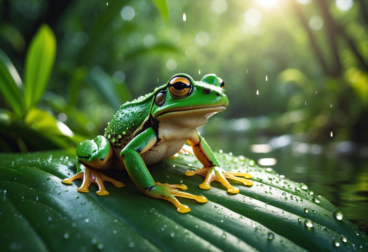 A green frog sitting on a wet leaf in a forest with sunlight filtering through the trees.
