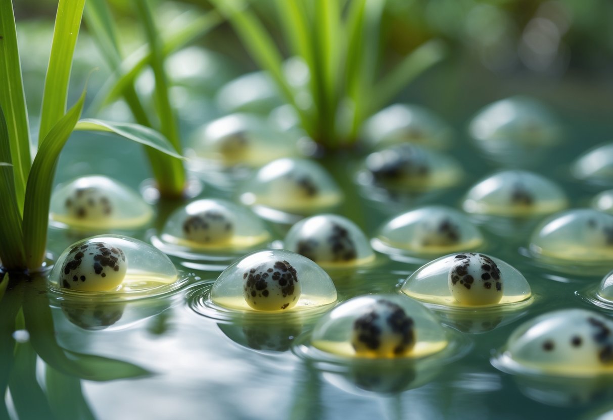 Close-up of a cluster of translucent frog eggs with developing embryos in clear water surrounded by green aquatic plants.