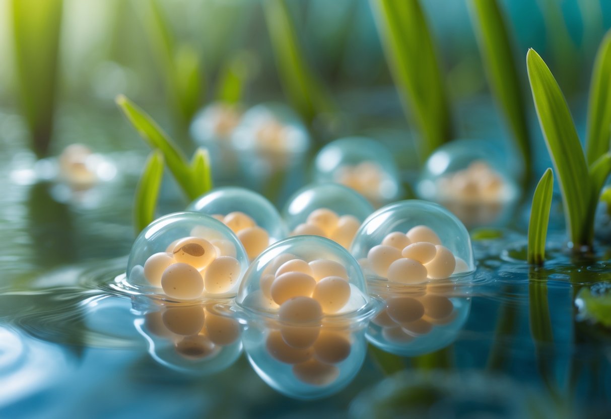 Close-up of a cluster of translucent frog eggs underwater surrounded by aquatic plants in a pond.